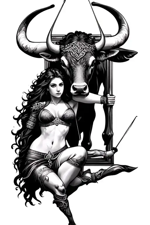 Female Archer And Bull In A Frame