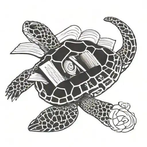A Detailed Blackwork Tattoo Of A Sea Turtle Reading A Book In A Serene Yoga Pose