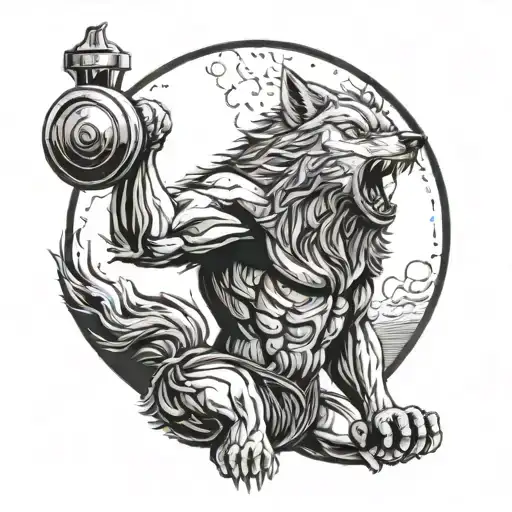 A Fierce Wolf Howling At The Moon While Lifting Weights At The Gym