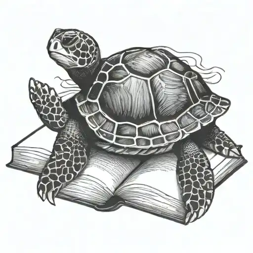 A Detailed Blackwork Tattoo Of A Sea Turtle Reading A Book In A Serene Yoga Pose