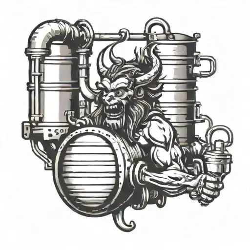 A Tattoo Design Of A Demon Brewing Beer In A Factory With Pipes And Machinery
