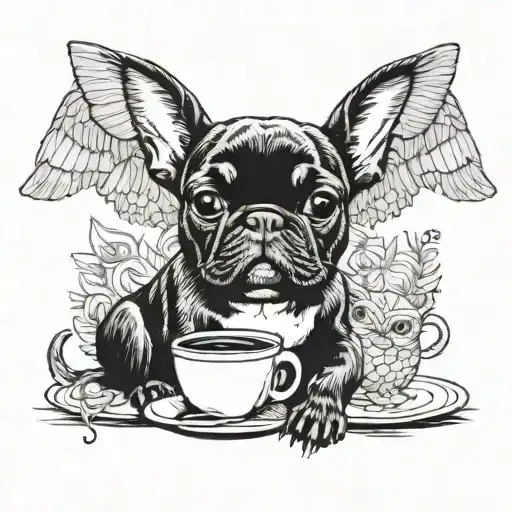 A French Bulldog And Owl Sharing A Cup Of Coffee Together