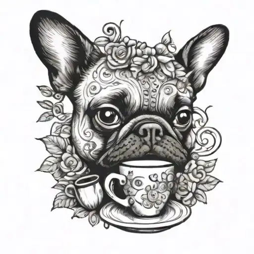 A Whimsical Design Of A French Bulldog And Owl Surrounded By Coffee Beans And Coffee Cups