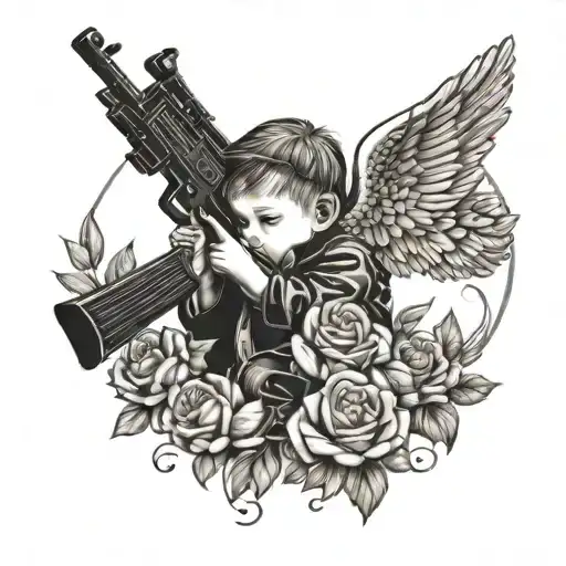 Gangster Baby Angel With Kalashnikov Shooting Roses