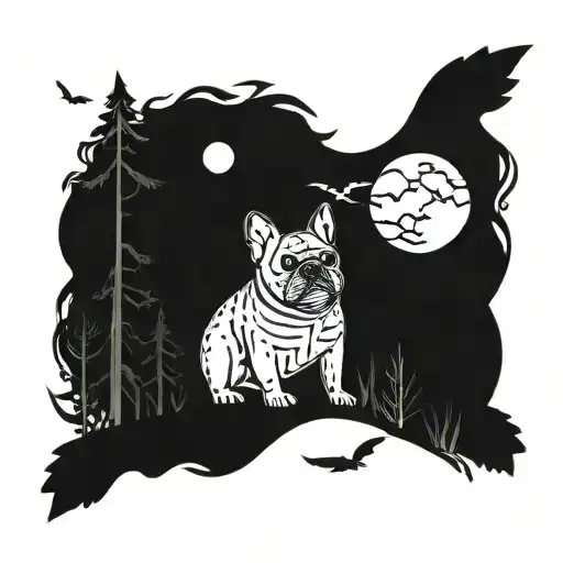 A French Bulldog And Owl Silhouettes In A Moonlit Forest Scene