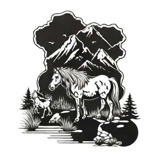 Mountain Scene Horse Mother Hen Swimming Ram