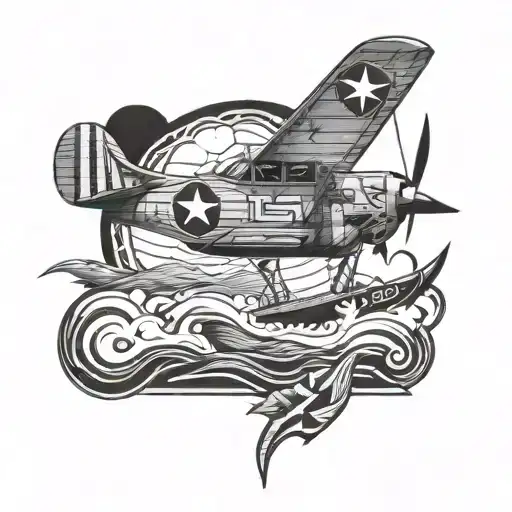 Ww2 Mustang Plane Flying Over A Viking Ship With A Cross On Its Sail