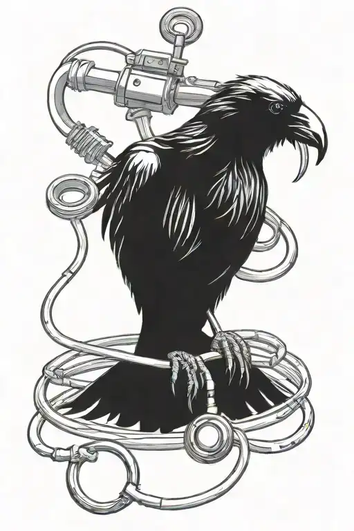 A Raven Perched On A Doctor's Stethoscope Intertwined