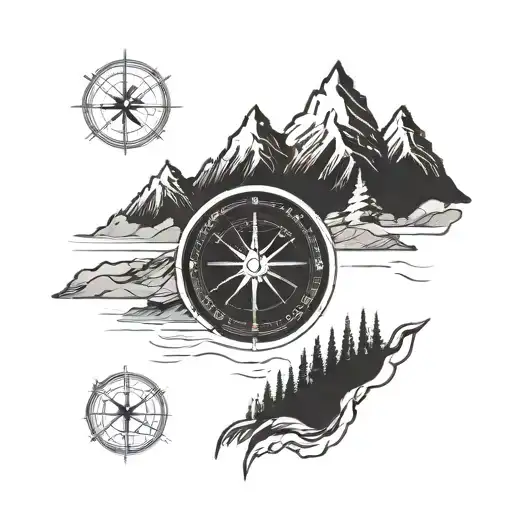 A Mountain Range With A Hidden Compass Symbolizing Outdoor Adventures And Travel