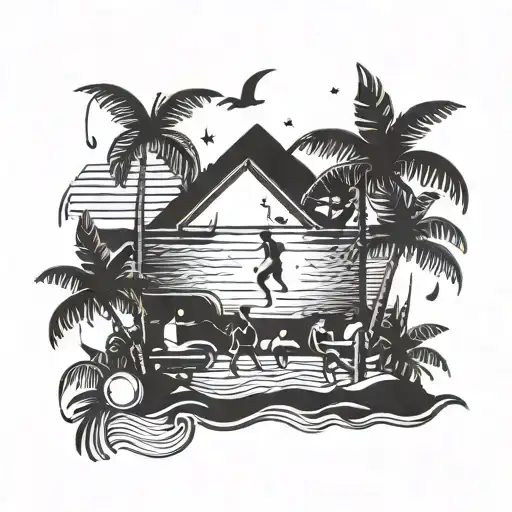 A Minimalist Tattoo Of A Beach Party Scene With Techhouse Music Playing In The Background