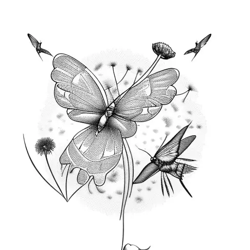 Multiple Various Flowers With Butterflies And A Hummingbird Eating From A Dandelion