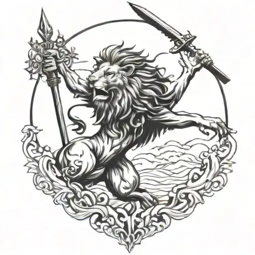 Rearing Lion And A Spear