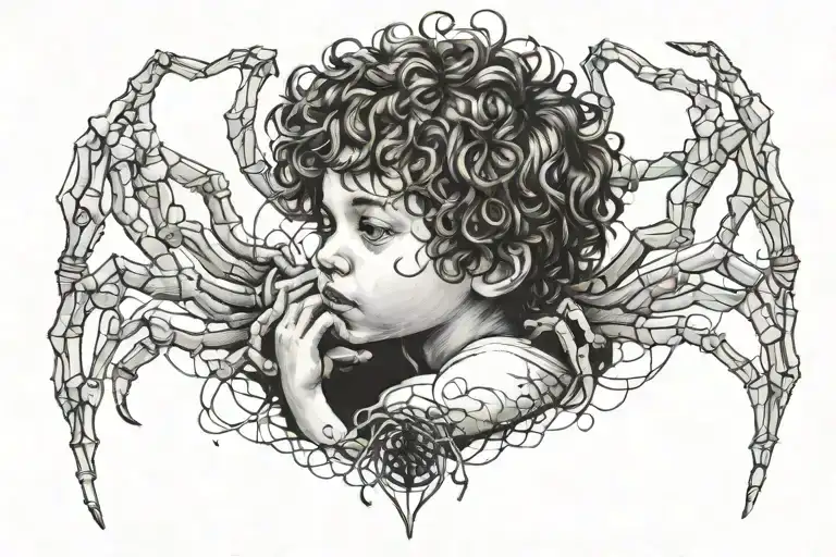 Little Boy With Curly Hugging A Spider Spread Across His Chest