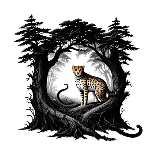 A Mystical Forest Scene With A Hidden Cheetah Blending Into The Trees