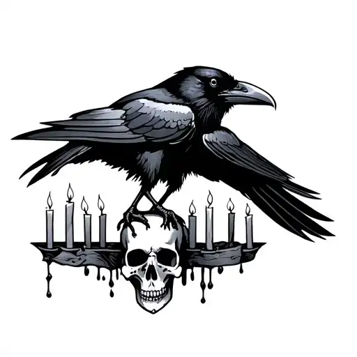 Raven Called Quoth Perched On A Half Skull Wuth Dribbly Candles In The Background