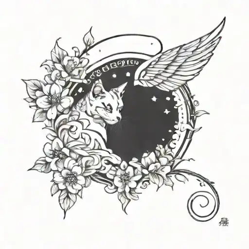 A Mystical Tattoo Of A Cat With Wings Made Of Delicate Flowers Flying Towards A Crescent Moon