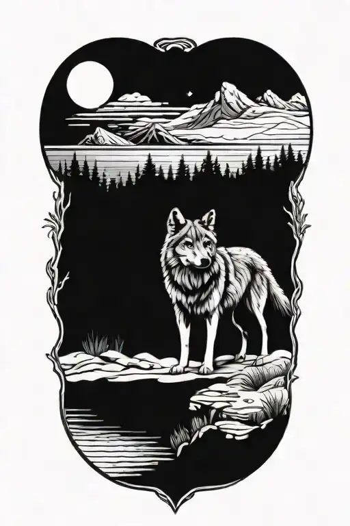A Detailed Blackwork Tattoo Of A Wolf In A Serene Setting Inspired By Sand Harbor Lake Tahoe