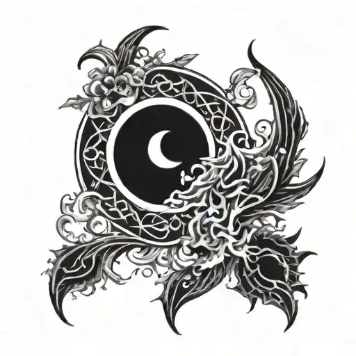 A Yin Symbol With Fire And Crescent Moon Elements Intertwined