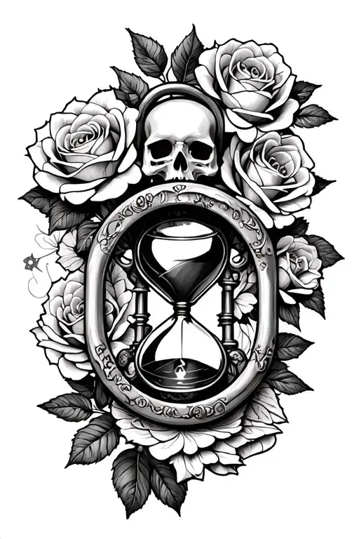 Lock And Key And Skull And Hourglass In Many Roses Blooming