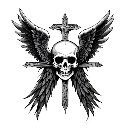 Skull Infront Of A Cross With Dark Angel Wings