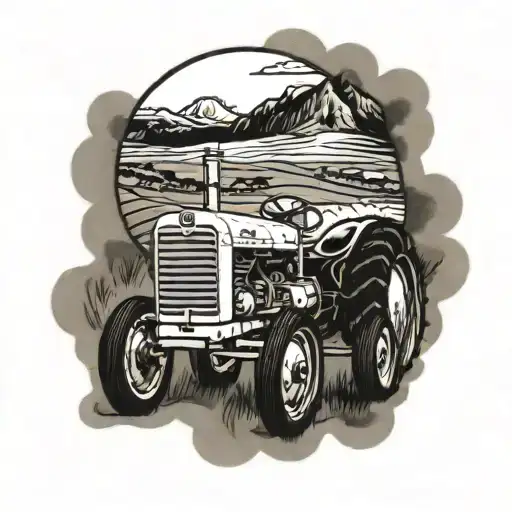 Old Ford Tractor With Cows Around And Rolling Mountains In The Background