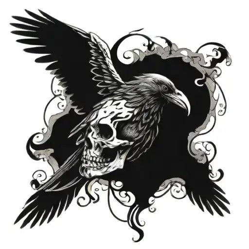 A Crow Perched On A Skull Surrounded By A Swirling Poem
