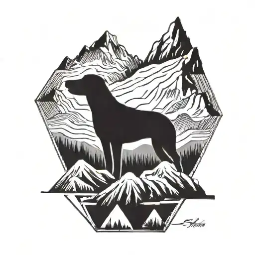 A Geometric Mountain Landscape Incorporating A Dog Silhouette In The Foreground