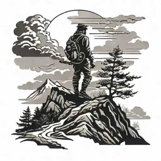 A Silhouette Of A Hunter In A Mountain Landscape With A Stormy Sky