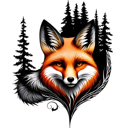 Fox Face With A Morphed Forest Around It With The Fox Tail Surrounding It