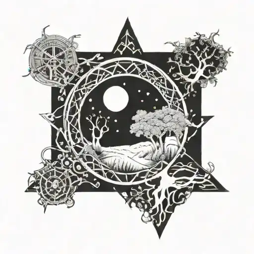 Reach Tree Of Life With Ground Grass Field Fool Moon In Background Small House Runes Compass