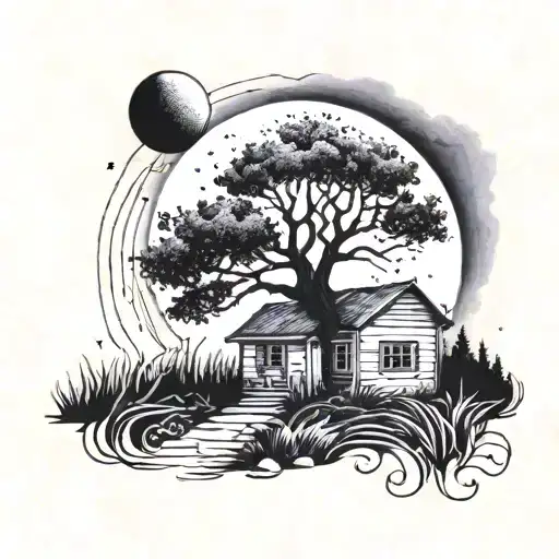 Reach Tree Of Life With Ground Grass Field Fool Moon In Background Small House