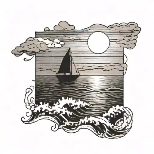 A Sunset Over The Ocean With A Small Boat Sailing Towards The Horizon