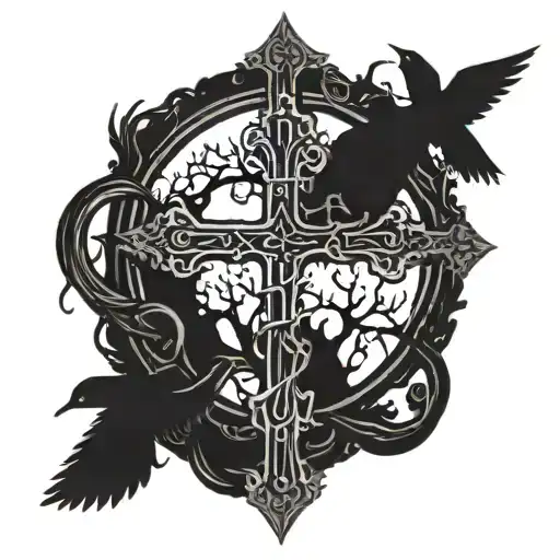 Cross With Roots With Birds In Background