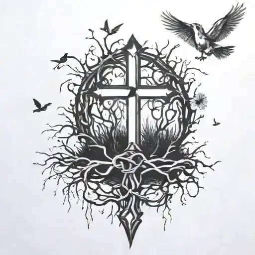 Cross With Roots Coming Out Of The Bottom With Birds In Background