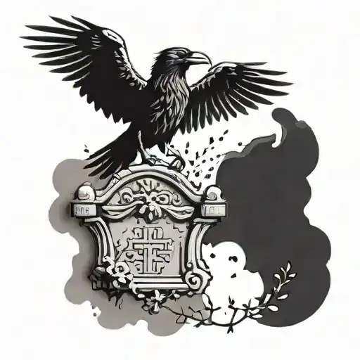 Raven Flying Away From A Blurry Gravestone While Holding A Rosary With Its Feet