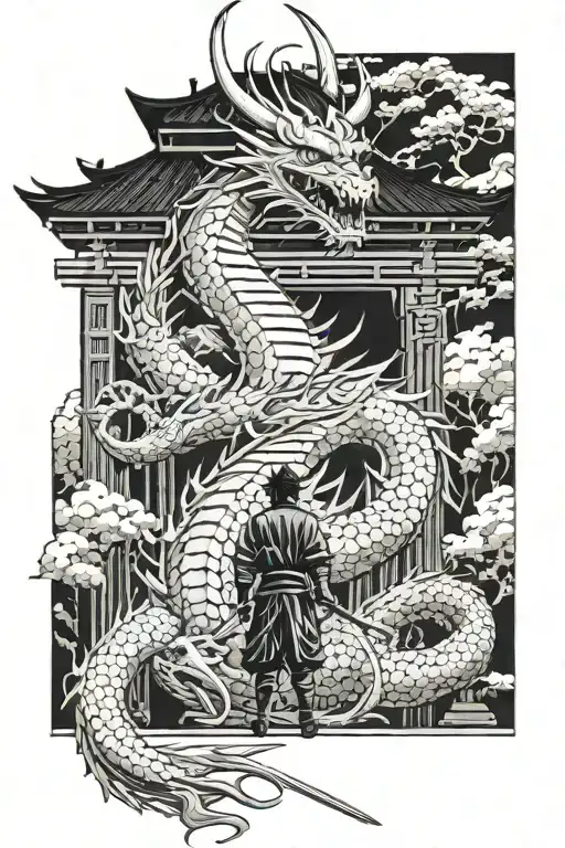 A Dragon Behind A Gate And A Samurai Standing In Front Of The Gate