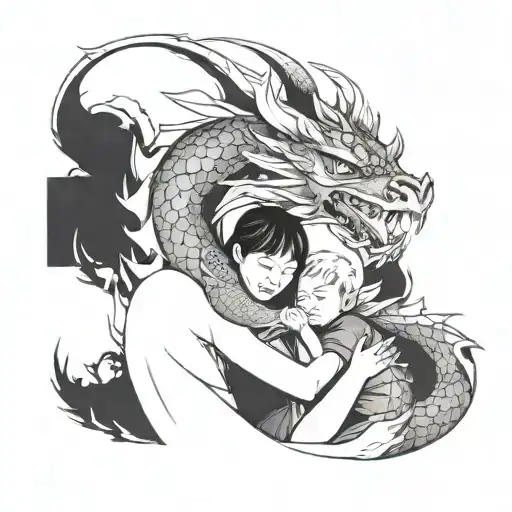 A Powerful And Wise Asian Dragon Embracing A Mother And Child In A Nature Setting
