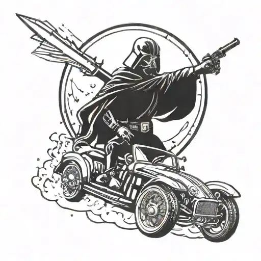 A Sith Lord Riding A Mgb Roadster Through A Galaxy Battlefield