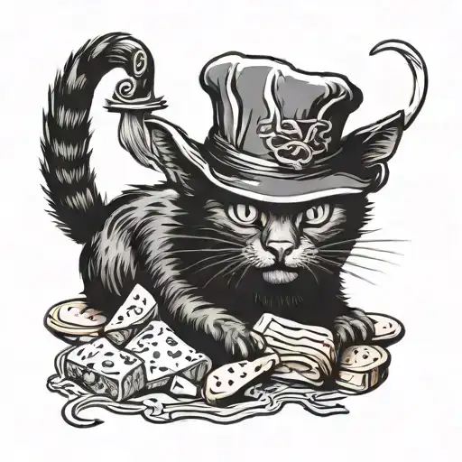 A Blackwork Design Of A Renaissance-inspired Cat Wearing A Butcher's Hat And Surrounded By Meat Cuts