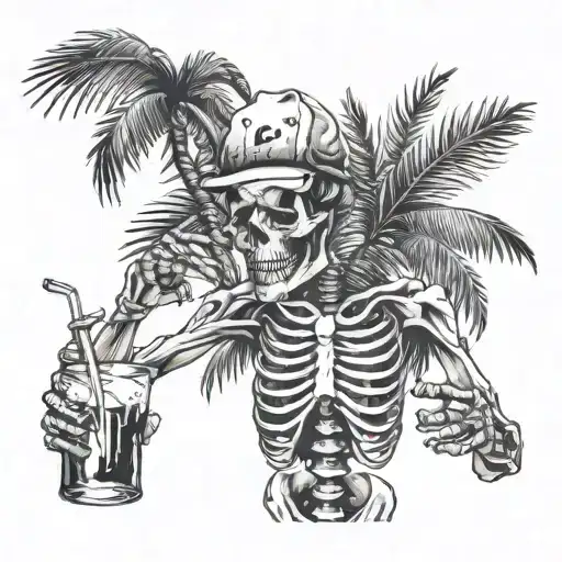 Palm Tree Skeleton Drunk With Ciggaret And Drink