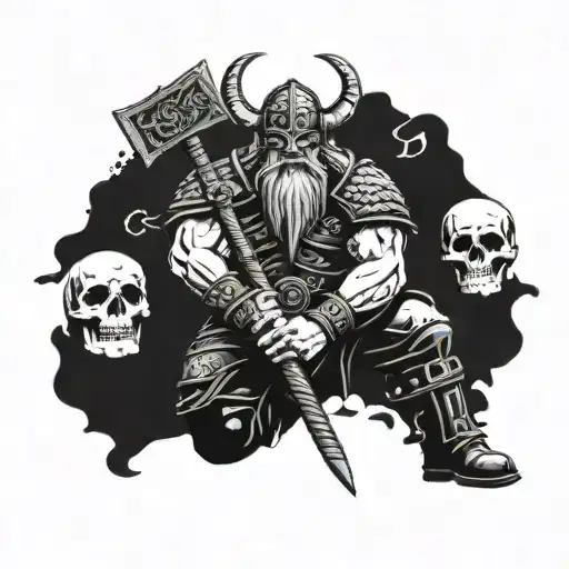 Dark Viking Warrior With An Ax In His Hands And Skulls At His Feet