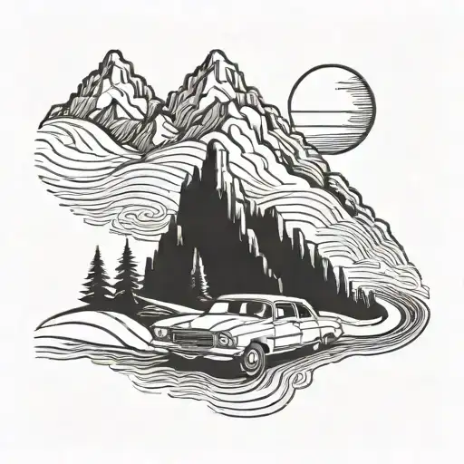 Feature A Retro Car Driving On A Winding Road Through Mountains