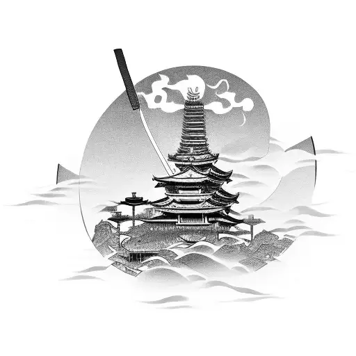 Samurai With A Sword On The Background Of A Pagoda That Is Doused By A Dragon