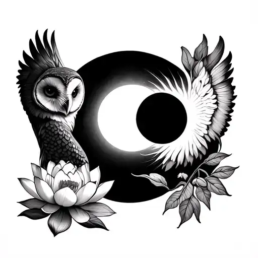 Solar Eclipse With Lotus Flower And Barn Owl