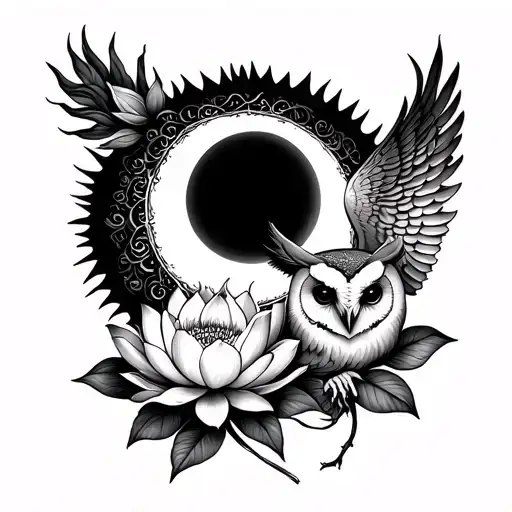 Solar Eclipse With Lotus Flower And Barn Owl Without Shading