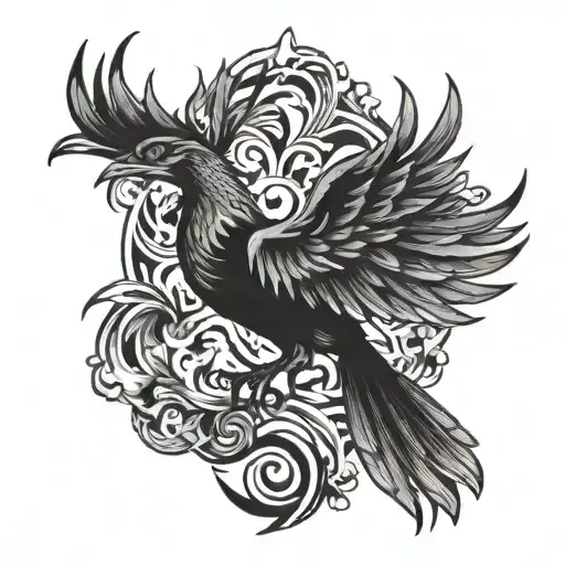 Sketch Of A Phoenix Tattoo For A Man On The Front Surface Of The Thigh