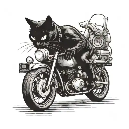 Black Cat With A Motorcycle Helmet Riding A Motorcycle While Eating A Notebook