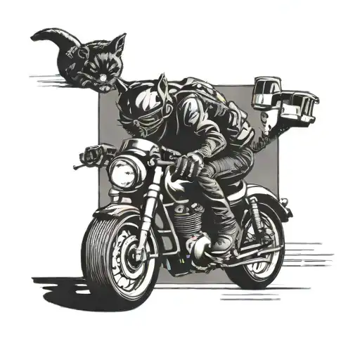 Black Cat Eating A Notebook With A Motorcycle Helmet Riding A Motorcycle