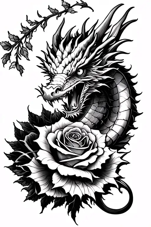 Rose Tattoo Featuring Un Dragon Wrapped