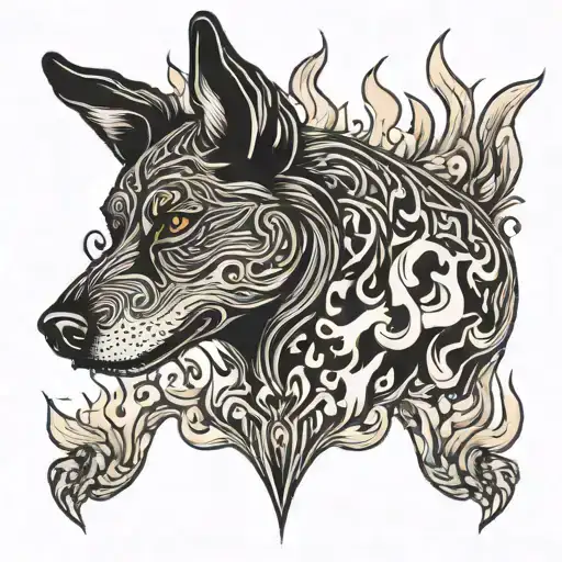 A Blackwork Tattoo Of A Dog Surrounded By Traditional Flames